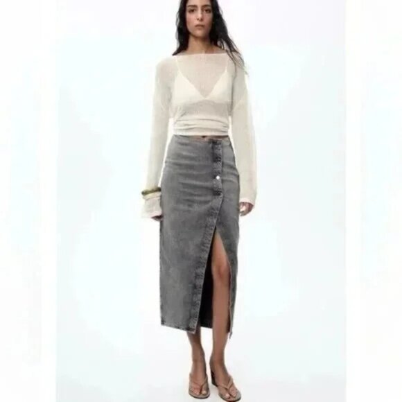 [⭐ PRICE FIRM] ZARA Denim Crossover Midi Skirt in Dark Gray Z1975 SMALL S - Picture 2 of 16